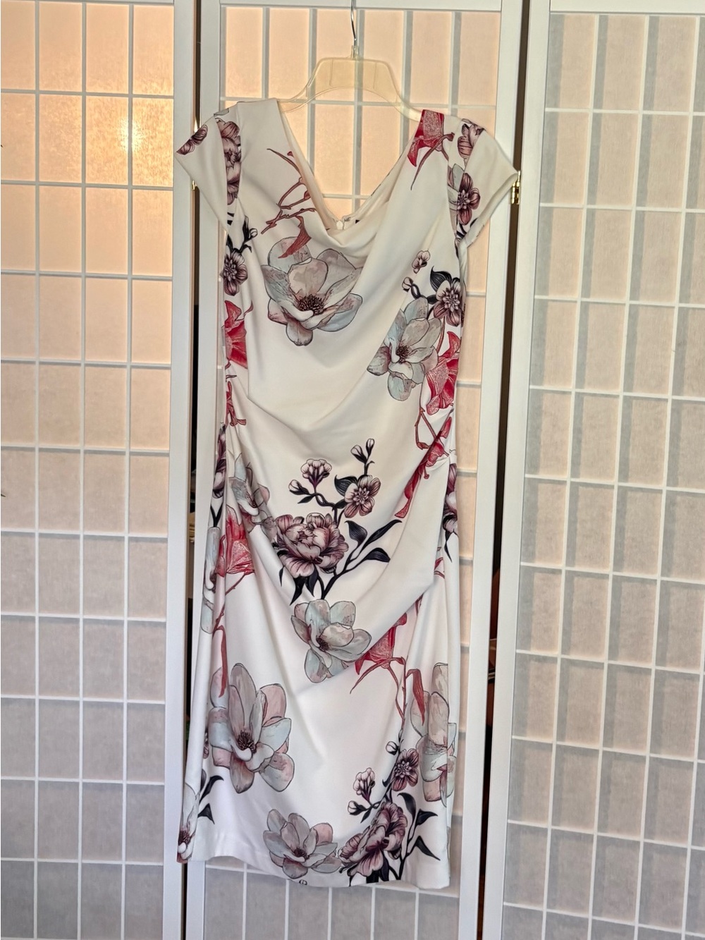 White House Black Market White Floral Midi Dress with Pink and Coral Accents